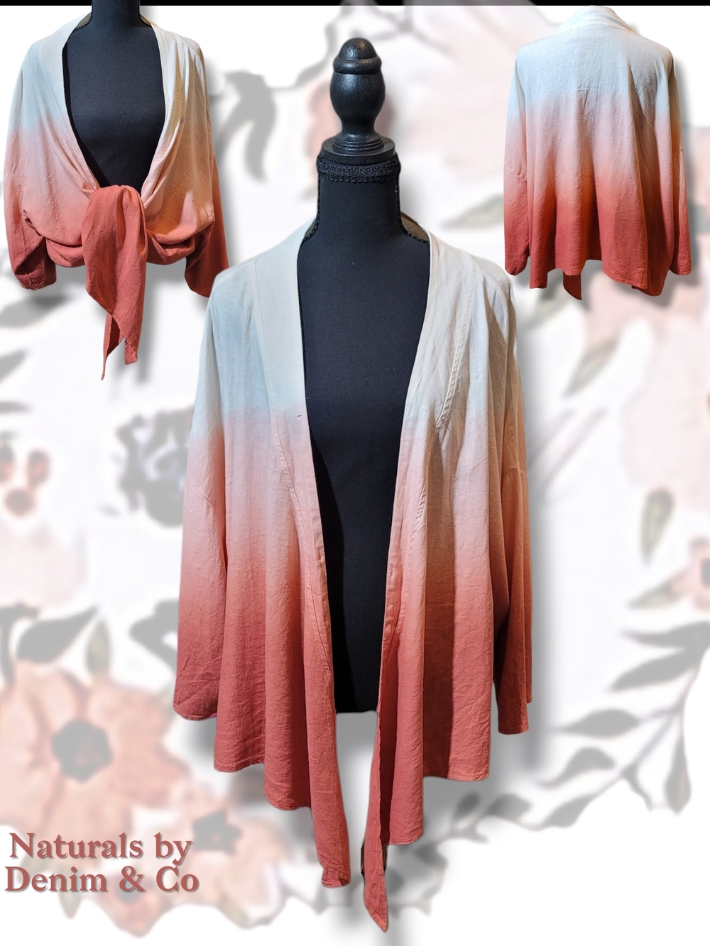 Naturals Ombre Tie-Front Open Cardigan - Cream to Rose/Coral 4X